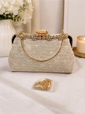 Elegant Lace Clutch with Gold Crystal Accents
